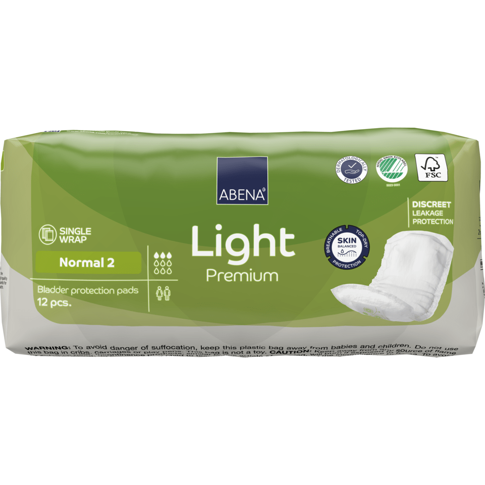 Μια συσκευασία ABENA Light Normal 2, Premium από την Abena Re-Seller GmbH (12 τεμάχια) προσφέρει διακριτική προστασία από διαρροές και υψηλή απορροφητικότητα. Η πράσινο-λευκή συσκευασία δείχνει με πληροφορίες προϊόντος και εικονογράμματα τα εκτεταμένα πλεονεκτήματα.