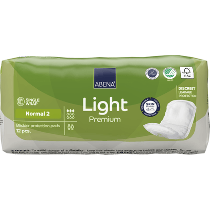 Μια συσκευασία ABENA Light Normal 2, Premium από την Abena Re-Seller GmbH (12 τεμάχια) προσφέρει διακριτική προστασία από διαρροές και υψηλή απορροφητικότητα. Η πράσινο-λευκή συσκευασία δείχνει με πληροφορίες προϊόντος και εικονογράμματα τα εκτεταμένα πλεονεκτήματα.