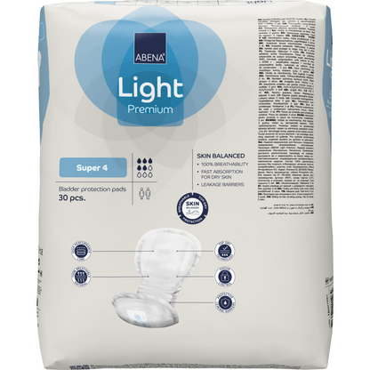 Μια συσκευασία ABENA Light Super 4, Premium (30 τεμάχια) από την Abena Re-Seller GmbH προσφέρει αναπνεύσιμη, γρήγορα απορροφητική προστασία από την κύστη με ισορροπία δέρματος, που απεικονίζεται στην μπροστινή πλευρά με εικόνα ταμπόν.
