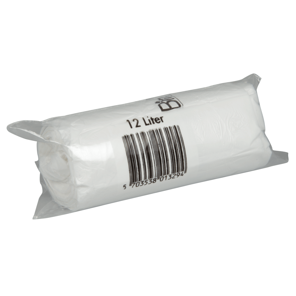 Ένας ρόλος Abena Re-Seller GmbH Bin Line Beutel 12 L, 400x570 mm, 10 my λευκό LLDPE (20 σακούλες) παραδίδεται σε διάφανη συσκευασία με την επιγραφή "12 L" και ένα γραμμωτό κώδικα στη συσκευασία.