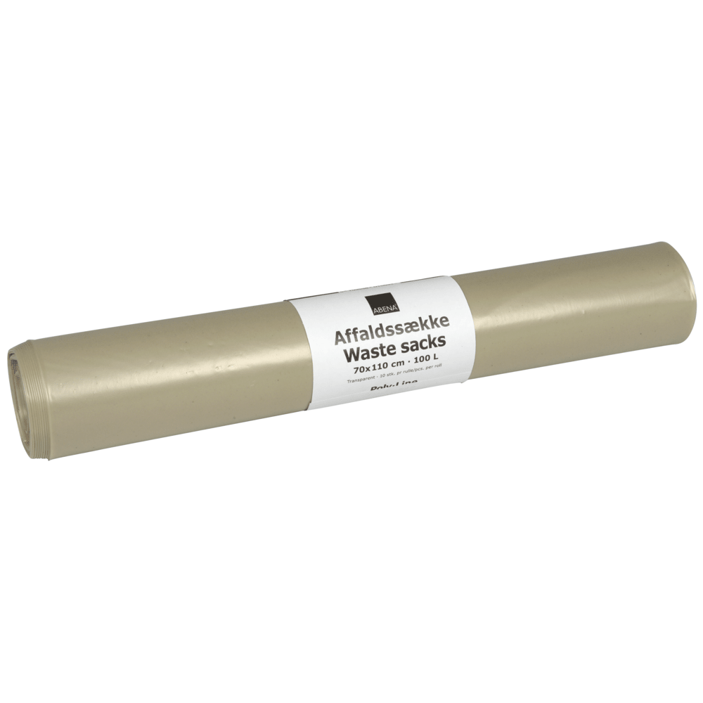 Ένας ρόλος διαφανών σακουλών απορριμμάτων Abena Re-Seller GmbH, χωρητικότητας 120 L, μεγέθους 700x1100 mm, κατασκευασμένος από 55 my LDPE· περιέχει 10 σακούλες ανά ρολό.