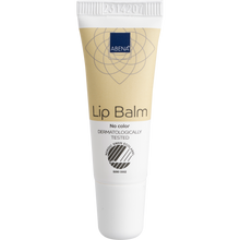 Die beige-weiße 10-ml-Tube der Abena Re-Seller GmbH Lippenpflegesalbe mit weißer Kappe und der Aufschrift "No color", "DERMATOLOGISCH GEPRÜFT" und dem Nordic Swan Ecolabel spendet Feuchtigkeit für weiche, gesunde Lippen. Erhältlich als Karton (300 Packungen).