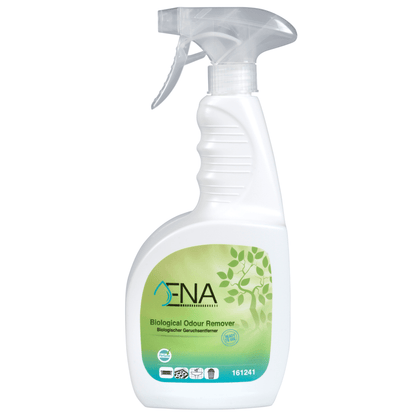 Το λευκό μπουκάλι ψεκασμού με την επιγραφή "ENA Βιολογικός Αποσμητής" της Abena Re-Seller GmbH έχει πράσινο-λευκό σχέδιο με γραφικό φύλλου και ένα καθαρό κεφάλι ψεκασμού με σκανδάλη.