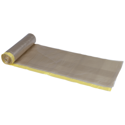 Ένας μερικώς ξετυλιγμένος ρολός σακουλών απορριμμάτων Abena Re-Seller GmbH 120 L, διαφανείς με κίτρινη κορδέλα (700x1010mm, 55 my), 10 σακούλες ανά ρολό, απεικονίζεται σε λευκό φόντο.