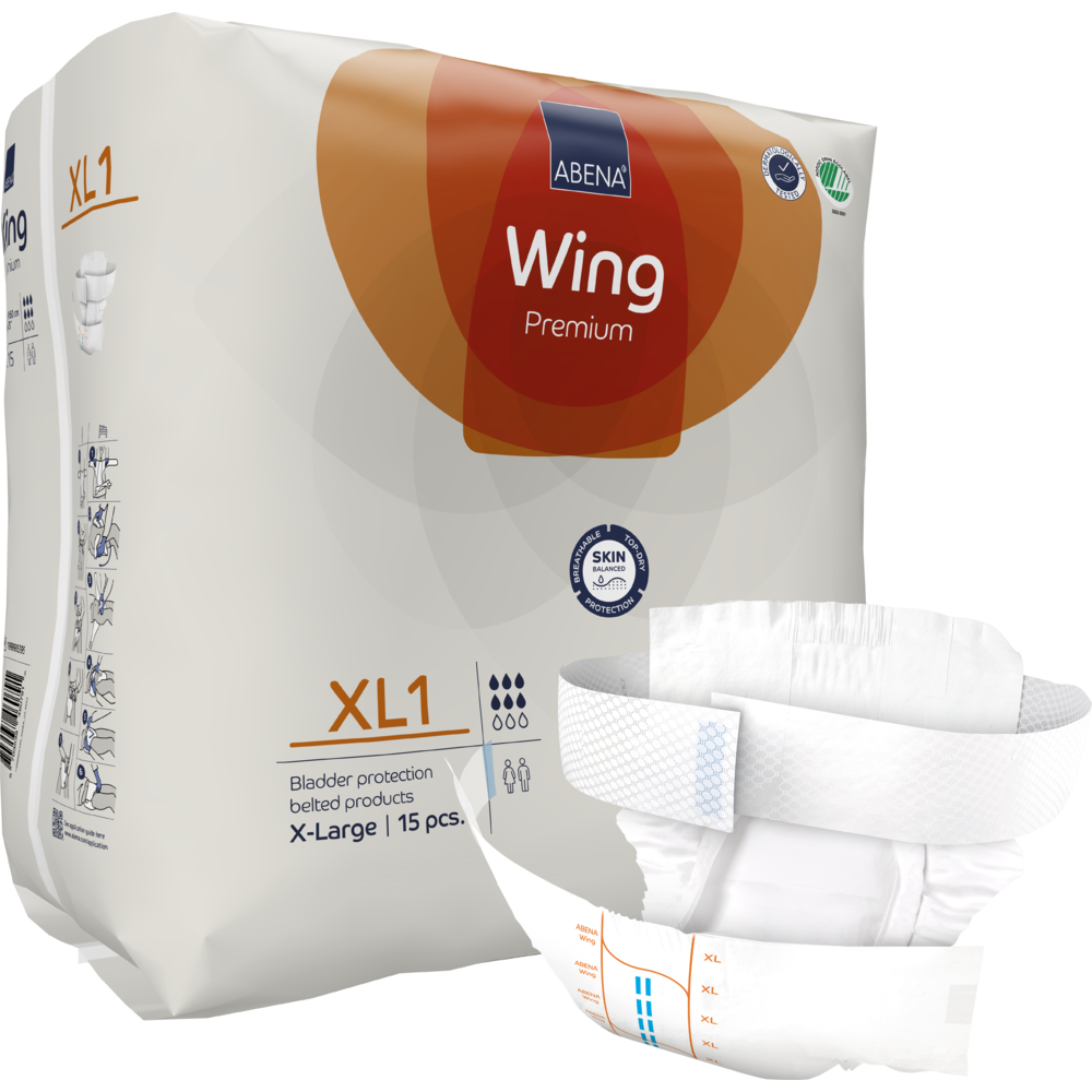 Eine Packung ABENA Wing Premium von Abena Re-Seller GmbH, Größe XL1, enthält 15 Stück für Schutz und Komfort, mit einer X-Large-Packung und einer ungefalteten Windel im Vordergrund.