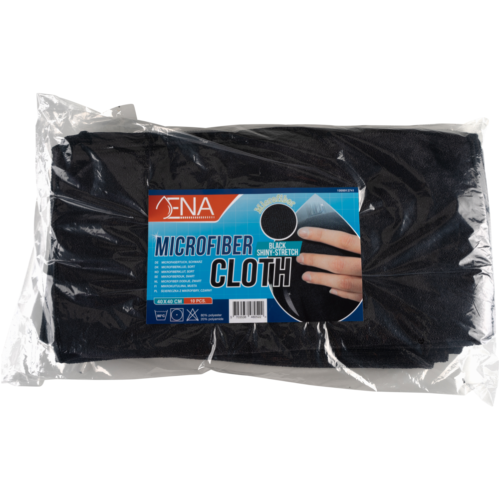 Eine Packung Abena Re-Seller GmbH Mikrofasertuch Shiny-Stretch (40x40 cm), mit einem Etikett mit einer Hand, die das Tuch hält, und Produktangaben in blau, rot und weiß auf der Verpackung.