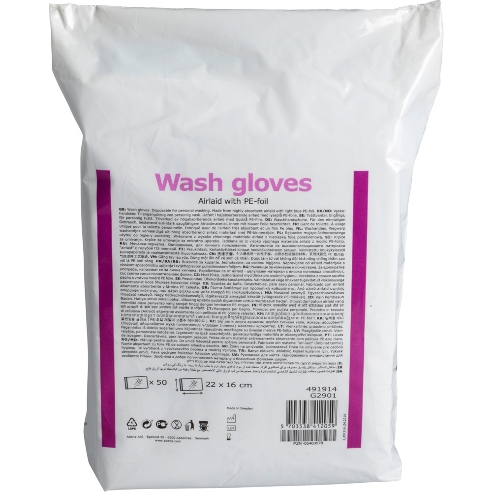Eine weiße Packung mit der Aufschrift "Waschhandschuhe" in lila Schrift der Abena Re-Seller GmbH enthält 50 Airlaid/PE-Einmalhandschuhe im Format 16 x 23 cm - ideal für den hygienischen, komfortablen Einsatz.