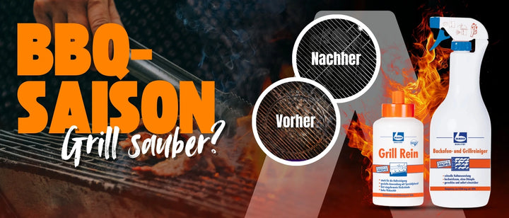 Werbeanzeige für Grillreiniger: Links der Schriftzug ‚BBQ-Saison – Grill sauber?‘, daneben ein Grillrost mit Vergleich ‚Vorher‘ (verschmutzt) und ‚Nachher‘ (sauber). Rechts zwei Reinigungsprodukte: ‚Grill Rein‘ und ‚Backofen- und Grillreiniger‘ von Dr. Becher, vor einem Hintergrund mit Flammen.