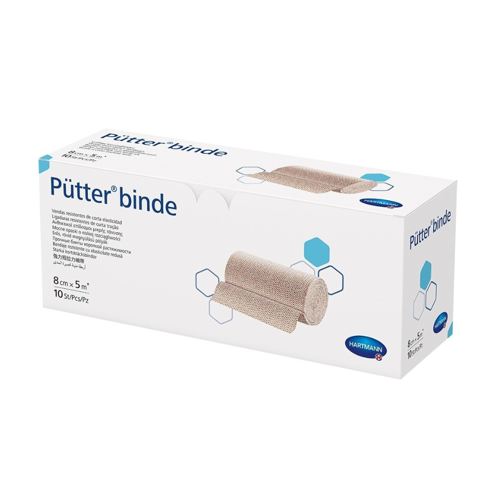 Ένα κουτί Hartmann Pütter-Verband® της Paul Hartmann AG, στην πλευρά του οποίου υπάρχουν εικόνες του προϊόντος, που είναι ένας είδος συνεκτικού επιδέσμου. Η συσκευασία είναι διαθέσιμη σε μπλε και λευκά χρώματα με κείμενο και ...