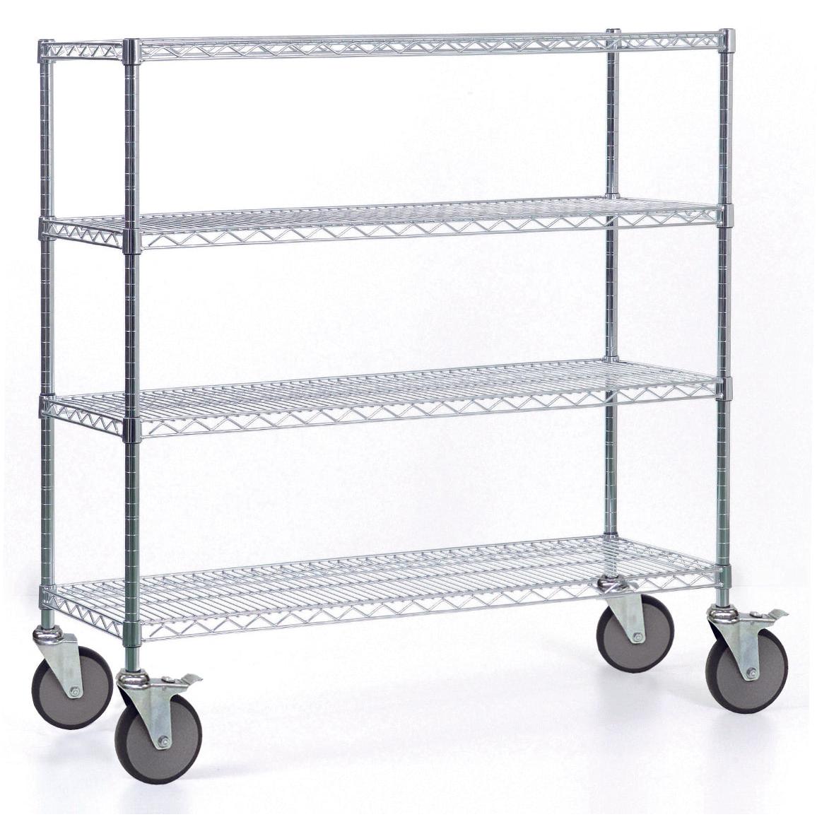 Το καρότσι ραφιών Novocal από ατσάλι ακριβείας, επινικελωμένο και χρωμιωμένο με υψηλή γυαλάδα, με 4 γωνιακές κολώνες και μεγάλους τροχούς (2 με φρένα), φαίνεται άδειο στην εικόνα μπροστά από λευκό φόντο. Συσκευασία: 1 τεμάχιο.