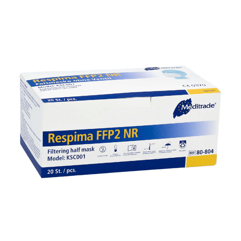 Ένα κουτί Meditrade Respima FFP2 μάσκας αναπνοής παρουσιάζεται μπροστά σε ένα απλό φόντο. Το λευκό κουτί με μπλε λεπτομέρειες δείχνει ότι περιέχει 100 τεμάχια και φέρει στην επάνω δεξιά γωνία εμφανώς το εμπορικό όνομα Meditrade GmbH, γνωστό για τον προσωπικό προστατευτικό εξοπλισμό.