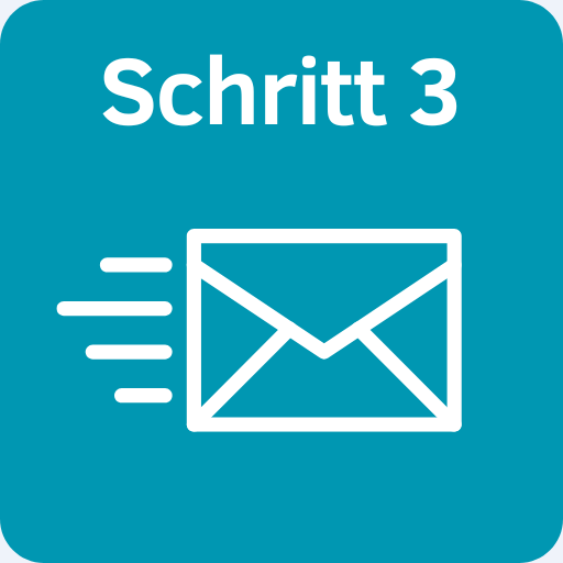 Ein blaues Quadrat mit dem Text "Schritt 3" über einem weißen Symbol eines Briefumschlags mit Bewegungslinien, was auf das Versenden einer Nachricht oder E-Mail hindeutet.