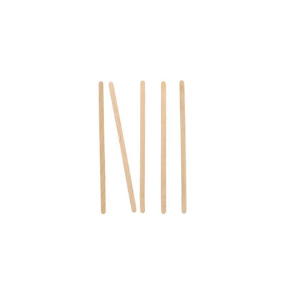 Πέντε PAPSTAR ξύλινα αναδευτήρια "pure" (14 cm) της PAPSTAR GmbH είναι τοποθετημένα σε λευκό φόντο ως ανθρωπάκια: τέσσερα όρθια, ένα διαγώνια πάνω από τα άλλα.