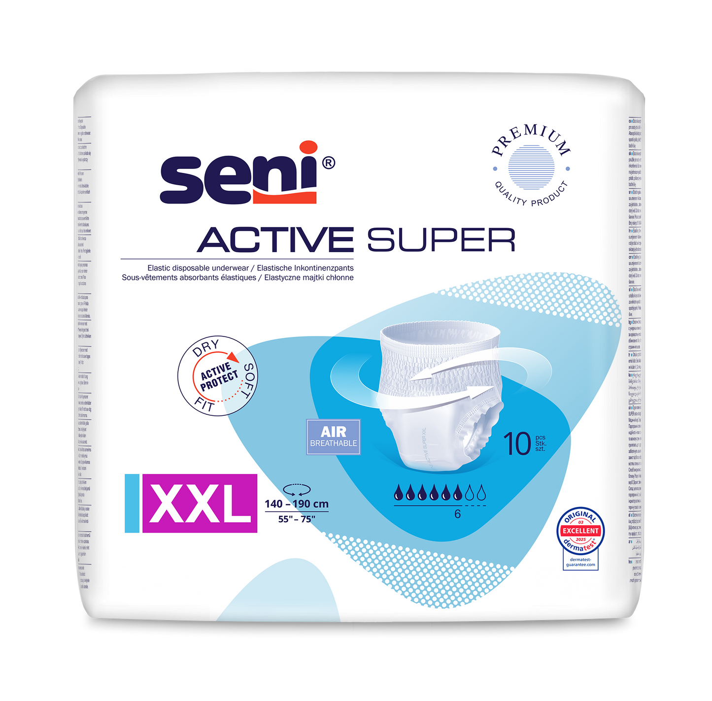 Μια συσκευασία των 10 τεμαχίων Seni Active Super Inkontinenzpants XXL (περίμετρος μέσης 140-190 cm) από την TZMO Deutschland GmbH για αδυναμία ουροδόχου κύστης, με τεχνολογία AIR διαπνοής, προστασία ξηρότητας και ετικέτα ποιότητας σε λευκό φόντο.