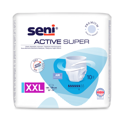 Μια συσκευασία των 10 τεμαχίων Seni Active Super Inkontinenzpants XXL (περίμετρος μέσης 140-190 cm) από την TZMO Deutschland GmbH για αδυναμία ουροδόχου κύστης, με τεχνολογία AIR διαπνοής, προστασία ξηρότητας και ετικέτα ποιότητας σε λευκό φόντο.