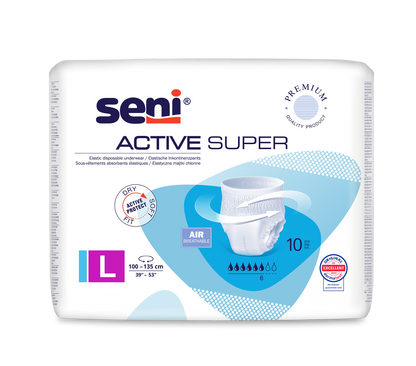 Μια συσκευασία Seni Active Super Inkontinenzpants από την TZMO Deutschland GmbH, μέγεθος LL (100-135 cm), με εικόνες προϊόντος, "διαπνέον" και σύμβολα απορρόφησης υγρών - ιδανικό για άτομα με αδυναμία ουροδόχου κύστης.