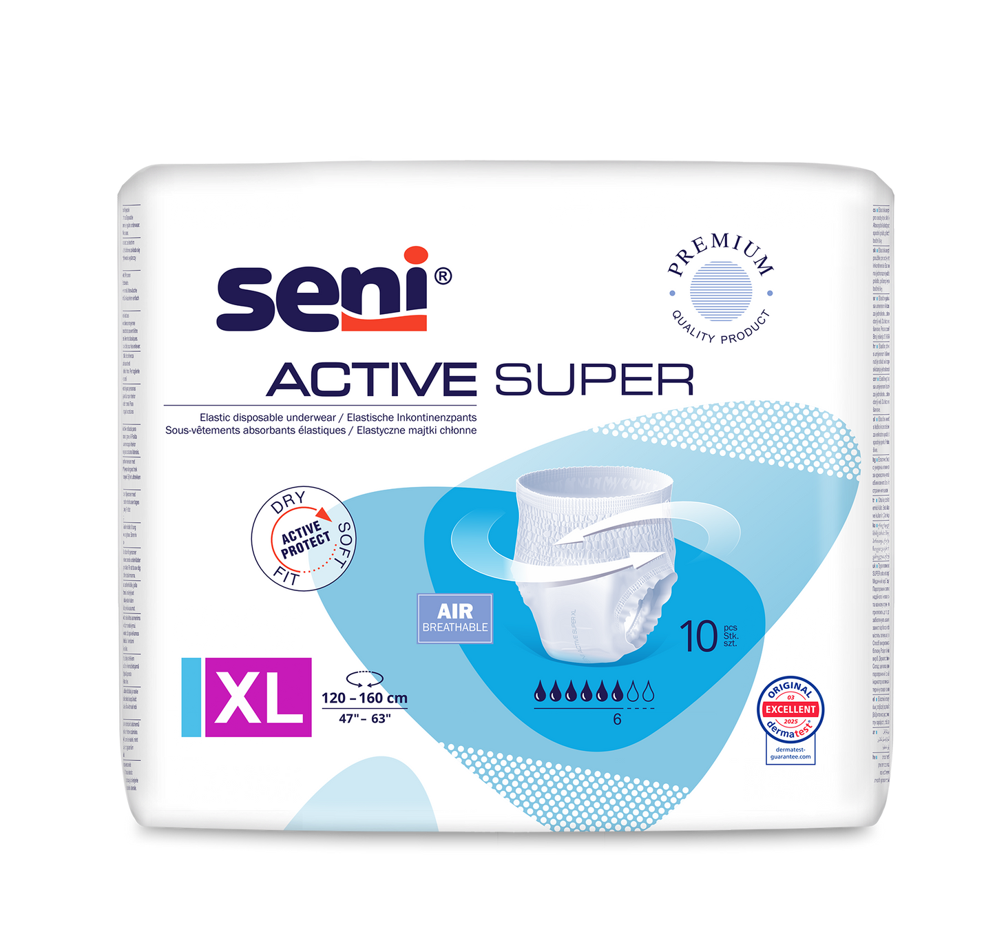 Τα Seni Active Super Inkontinenzpants από την TZMO Deutschland GmbH προσφέρουν μέγεθος XL (120-160 cm), 10 σταγόνες απορροφητικότητας, διαπνοή και αποτελεσματική προστασία για αδυναμία ουροδόχου κύστης. Έχουν μπλε-λευκό σχέδιο με εικόνα προϊόντος.