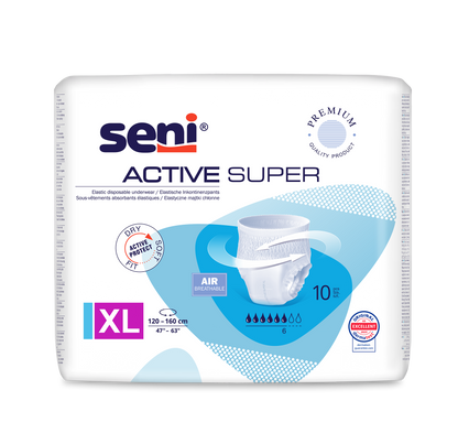 Τα Seni Active Super Inkontinenzpants από την TZMO Deutschland GmbH προσφέρουν μέγεθος XL (120-160 cm), 10 σταγόνες απορροφητικότητας, διαπνοή και αποτελεσματική προστασία για αδυναμία ουροδόχου κύστης. Έχουν μπλε-λευκό σχέδιο με εικόνα προϊόντος.