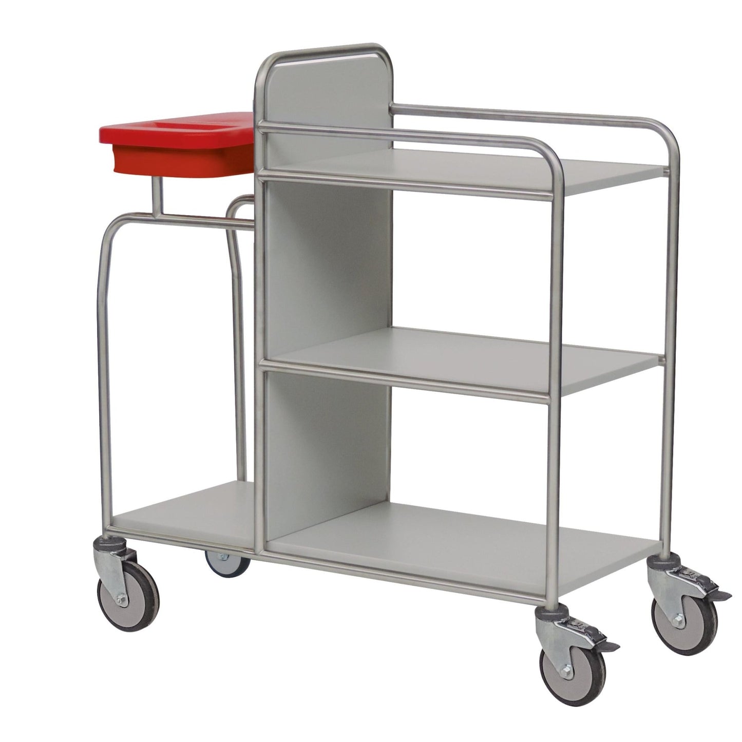 Το ανθεκτικό καρότσι σταθμού Novocal από ανοξείδωτο χάλυβα με τρία ράφια, τέσσερις ρόδες και κόκκινο πλαστικό δοχείο στην επάνω αριστερή γωνία είναι άδειο και απεικονίζεται σε λευκό φόντο. Όλες οι σωληνωτές συνδέσεις είναι συγκολλημένες περιμετρικά.