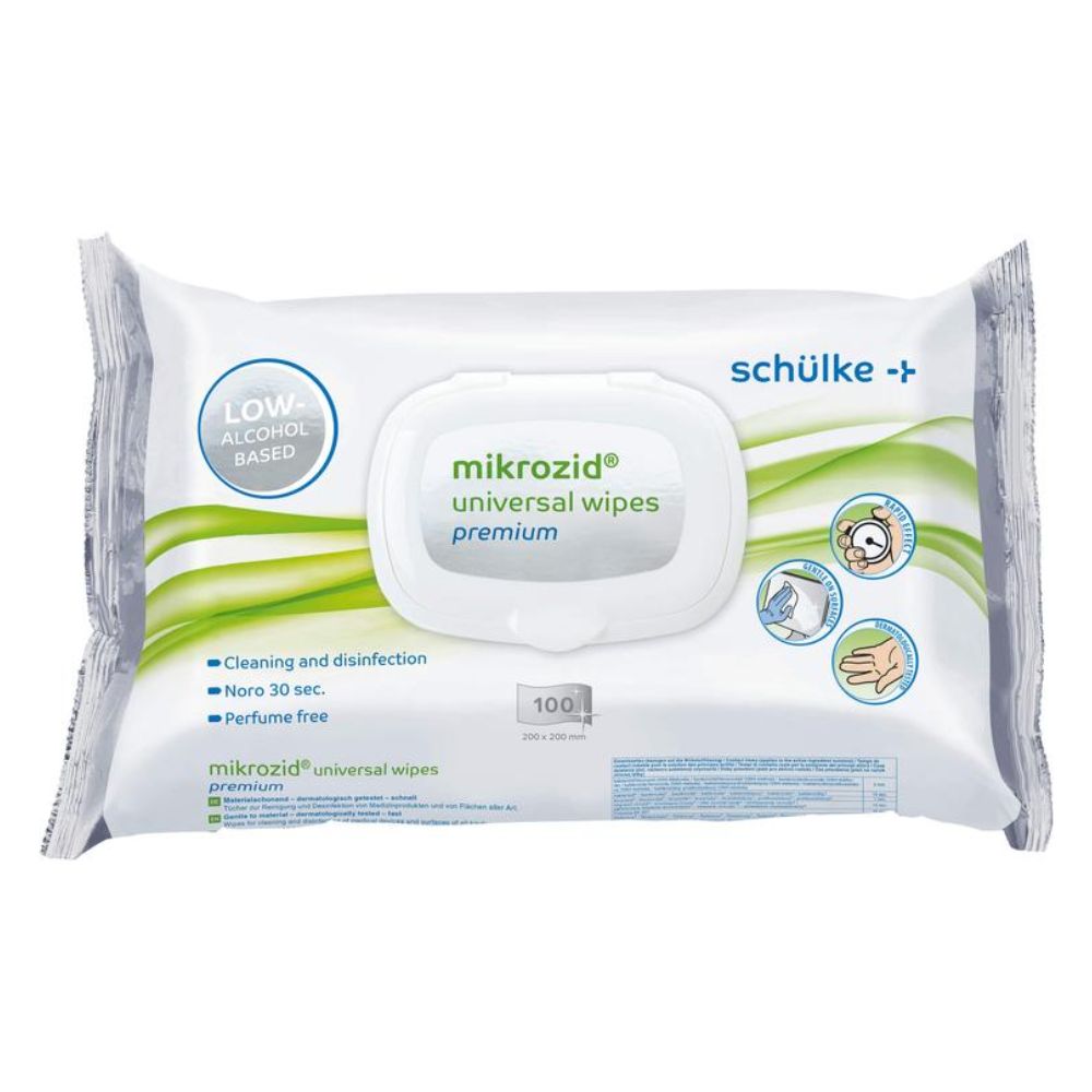 Απεικονίζεται μια συσκευασία Schülke Mikrozid® universal wipes Desinfektionstücher premium από την Schülke & Mayr GmbH. Η λευκή συσκευασία με πράσινες και μπλε πινελιές περιέχει πληροφορίες όπως «χαμηλή περιεκτικότητα σε αλκοόλ», «καθαρισμός και απολύμανση», «Noro 30 δευτ.», «χωρίς άρωμα» και «100 μαντηλάκια». Ιδανικά για ταχεία απολύμανση.