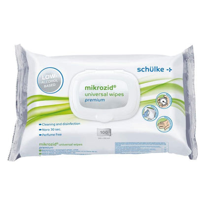Απεικονίζεται μια συσκευασία Schülke Mikrozid® universal wipes Desinfektionstücher premium από την Schülke & Mayr GmbH. Η λευκή συσκευασία με πράσινες και μπλε πινελιές περιέχει πληροφορίες όπως «χαμηλή περιεκτικότητα σε αλκοόλ», «καθαρισμός και απολύμανση», «Noro 30 δευτ.», «χωρίς άρωμα» και «100 μαντηλάκια». Ιδανικά για ταχεία απολύμανση.