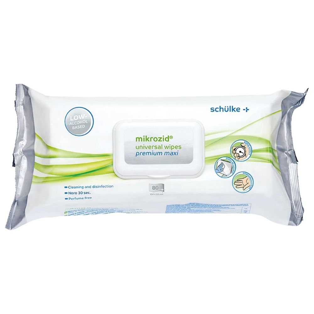 Απεικονίζεται μια συσκευασία Schülke Mikrozid® universal wipes Desinfektionstücher premium. Η κυρίως λευκογκρίζα συσκευασία με πράσινες πινελιές υποδηλώνει ότι αυτά τα μαντηλάκια απολύμανσης έχουν χαμηλή περιεκτικότητα σε αλκοόλ, καθαρίζουν και απολυμαίνουν και είναι χωρίς άρωμα. Η συσκευασία περιέχει 80 μαντηλάκια για αποτελεσματική ταχεία απολύμανση.
