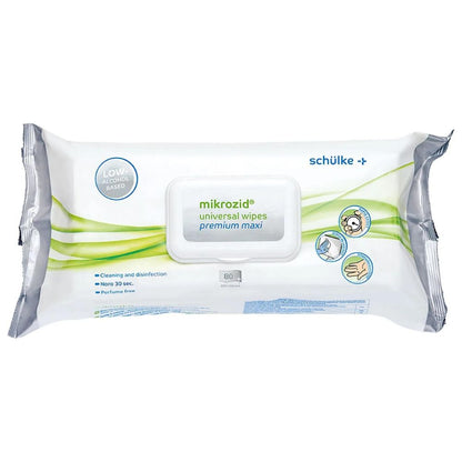 Απεικονίζεται μια συσκευασία Schülke Mikrozid® universal wipes Desinfektionstücher premium. Η κυρίως λευκογκρίζα συσκευασία με πράσινες πινελιές υποδηλώνει ότι αυτά τα μαντηλάκια απολύμανσης έχουν χαμηλή περιεκτικότητα σε αλκοόλ, καθαρίζουν και απολυμαίνουν και είναι χωρίς άρωμα. Η συσκευασία περιέχει 80 μαντηλάκια για αποτελεσματική ταχεία απολύμανση.