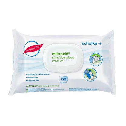 Μια συσκευασία Schülke Mikrozid® sensitive wipes Jumbo απολυμαντικά μαντηλάκια της Schülke & Mayr GmbH σε μια λευκή επανακλειόμενη πλαστική συσκευασία με μπλε και πράσινο κείμενο καθώς και σύμβολα για τις μη αλκοολούχες και μη αρωματισμένες ιδιότητες, περιέχει