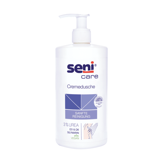 Η Seni Το αφρόλουτρο Care της TZMO Deutschland GmbH, 500 ml, περιέχει 3% ουρία, σιλυμαρίνη και έχει βίγκαν σύνθεση. Το λευκό μπουκάλι διαθέτει αντλία και φέρει τη μπλε επιγραφή «ΑΠΑΛΟΣ ΚΑΘΑΡΙΣΜΟΣ», ιδανικό για ξηρό δέρμα.