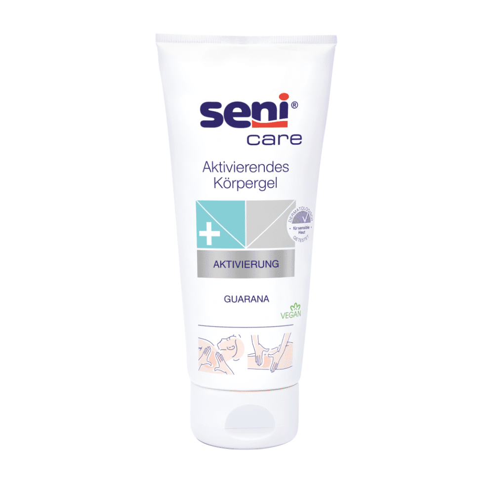 Ο σωλήνας Seni Care ενεργοποιητικό τζελ με Guarana από την TZMO Deutschland GmbH είναι συσκευασμένος σε λευκό, με μπλε και γκρι κείμενο, πιστοποιητικό vegan και σύμβολα για περιοχές εφαρμογής. Έχει αναπτυχθεί για να διεγείρει τη μικροκυκλοφορία του αίματος για αναζωογονημένο δέρμα και φέρει την ονομασία Guarana-Gel.