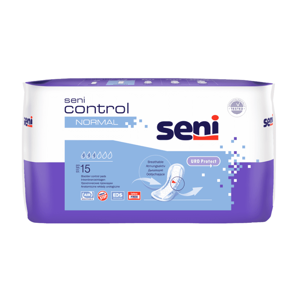 Ένα πακέτο με 15 επιθέματα ακράτειας Seni Control Normal της TZMO Deutschland GmbH σε μωβ-λευκό σχέδιο με λεπτομέρειες προϊόντος. Αυτά τα επιθέματα προσφέρουν αναπνεύσιμη, διακριτική και άνετη προστασία κατά της ακράτειας.