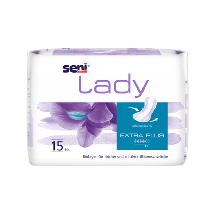 Η σερβιέτα Seni Lady Extra Plus από την TZMO Deutschland GmbH έρχεται σε συσκευασία των 15, ιδανική για ελαφριά έως μέτρια ακράτεια. Η λευκή-μοβ συσκευασία με λουλουδάτο σχέδιο είναι αναπνεύσιμη και σχεδιασμένη για γυναίκες.