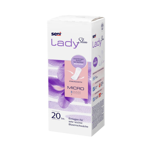 Eine rechteckige Schachtel Seni Lady Slim Micro Einlage – 20 Stück | Packung (20 Stück) von TZMO Deutschland GmbH. Die weiße Schachtel mit violetten Akzenten und lavendelfarbenen Federgrafiken enthält 20 Stück, konzipiert als Inkontinenzeinlage für Frauen mit sehr leichter Blasenschwäche. Auf der Verpackung sind verschiedene Produktdetails und -beschreibungen, einschließlich der Odour Stop-Technologie, sichtbar.