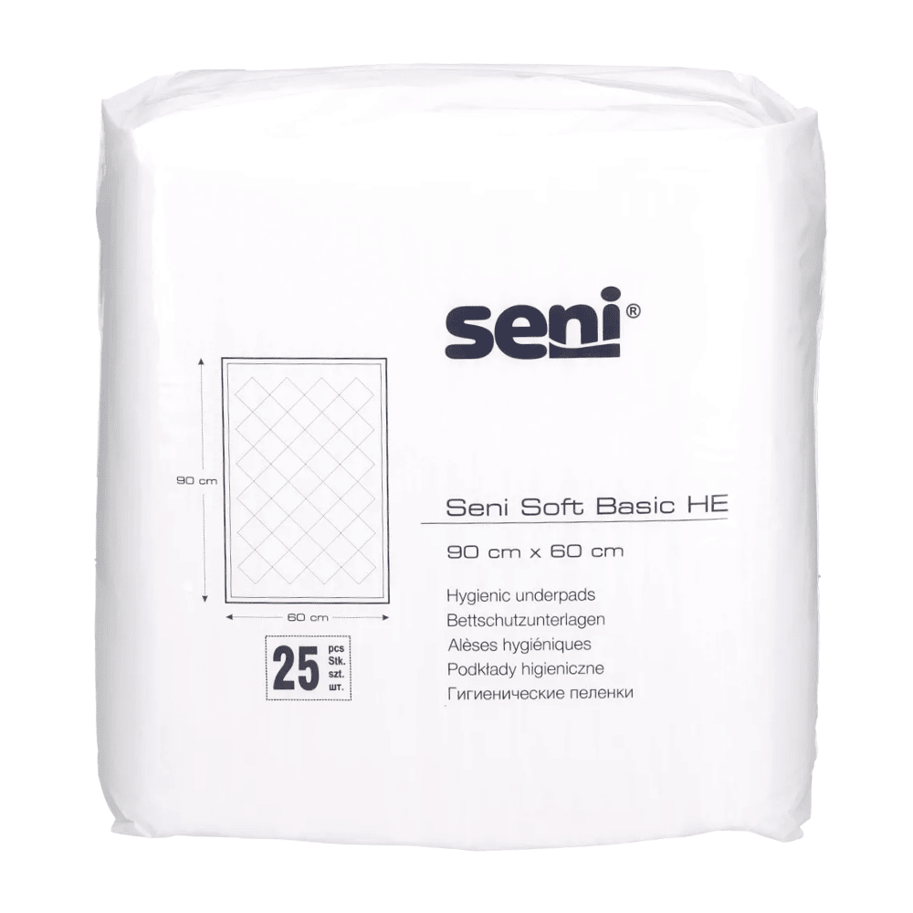 Ένα πακέτο με 25 Seni Soft Basic HE προστατευτικά στρώματος της TZMO Deutschland GmbH, μέγεθος 90 x 60 cm. Στη συσκευασία απεικονίζονται το λογότυπο Seni, το μέγεθος του προστατευτικού, η εικόνα του προϊόντος και η ποσότητα.