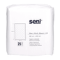 Ένα πακέτο με 25 Seni Soft Basic HE προστατευτικά στρώματος της TZMO Deutschland GmbH, μέγεθος 90 x 60 cm. Στη συσκευασία απεικονίζονται το λογότυπο Seni, το μέγεθος του προστατευτικού, η εικόνα του προϊόντος και η ποσότητα.