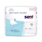 Eine Packung Seni Soft Super Bettschutzunterlagen von TZMO Deutschland GmbH, 60x60 cm, 30 Stück. Die überwiegend weiße Verpackung mit blauen und violetten Akzenten enthält Produktinformationen, Logos und ein Schutz-Etikett zur Sicherheit.