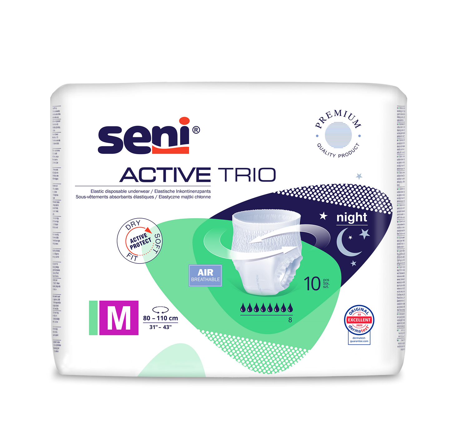 Μια συσκευασία Seni Active Trio εσώρουχα ακράτειας από την TZMO Deutschland GmbH, μέγεθος M (80-110 cm), για σοβαρή ακράτεια με προστασία νύχτας. Η συσκευασία δείχνει το προϊόν και τονίζει τη διαπνοή και τη δερματολογική δοκιμή.