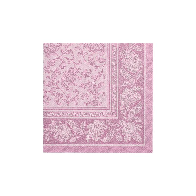 Eine rosa Serviette aus der „ROYAL Collection“ von PAPSTAR namens „Ornaments“ im Format 40 cm x 40 cm zeigt ein kompliziertes weißes Blumen- und Rankenmuster entlang des Randes und im Mittelbereich.