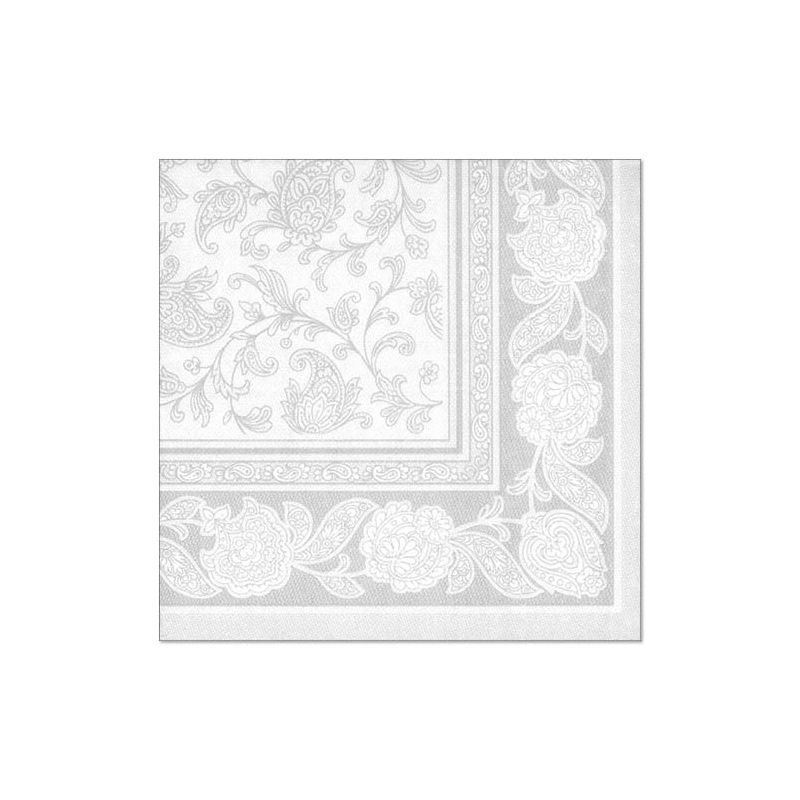 Die Servietten 1/4-Falz „Ornaments“ der „ROYAL Collection“ der PAPSTAR GmbH im Format 40 cm x 40 cm sind elegant in Weiß gefertigt und mit einem aufwendigen Paisleymuster mit Blumen- und Wirbelmotiven versehen. Diese hochwertigen Tücher haben einen Rand, der mit größeren Blumenmotiven verziert ist und so für einen anspruchsvollen und detailreichen Look sorgt.