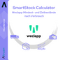 Λογότυπο και γραφικό διαφήμισης για το „SmartStock Calculator: Υπολογιστής ελάχιστου και στόχου αποθέματος Weclapp με βάση την κατανάλωση“ από την Altruan με τα σύμβολα ενός φορτηγού, ενός κουτιού δώρου και ενός διαγράμματος ως σύμβολο για τη διαχείριση αποθέματος μπροστά σε ένα φωτεινό φόντο.