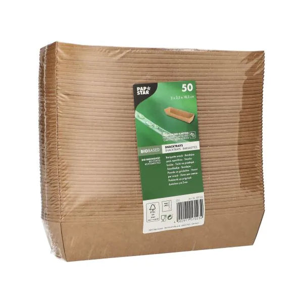 Ένα πακέτο με 50 καφέ PAPSTAR "pure" Snacktrays από χαρτόνι της PAPSTAR GmbH - ιδανικό ως φιλική προς το περιβάλλον προσθήκη σε βιώσιμο σερβίτσιο μιας χρήσης ή βιοδιασπώμενες χαρτοπετσέτες.