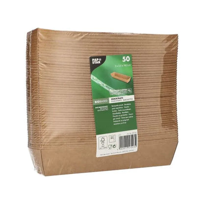 Ένα πακέτο με 50 καφέ PAPSTAR "pure" Snacktrays από χαρτόνι της PAPSTAR GmbH - ιδανικό ως φιλική προς το περιβάλλον προσθήκη σε βιώσιμο σερβίτσιο μιας χρήσης ή βιοδιασπώμενες χαρτοπετσέτες.