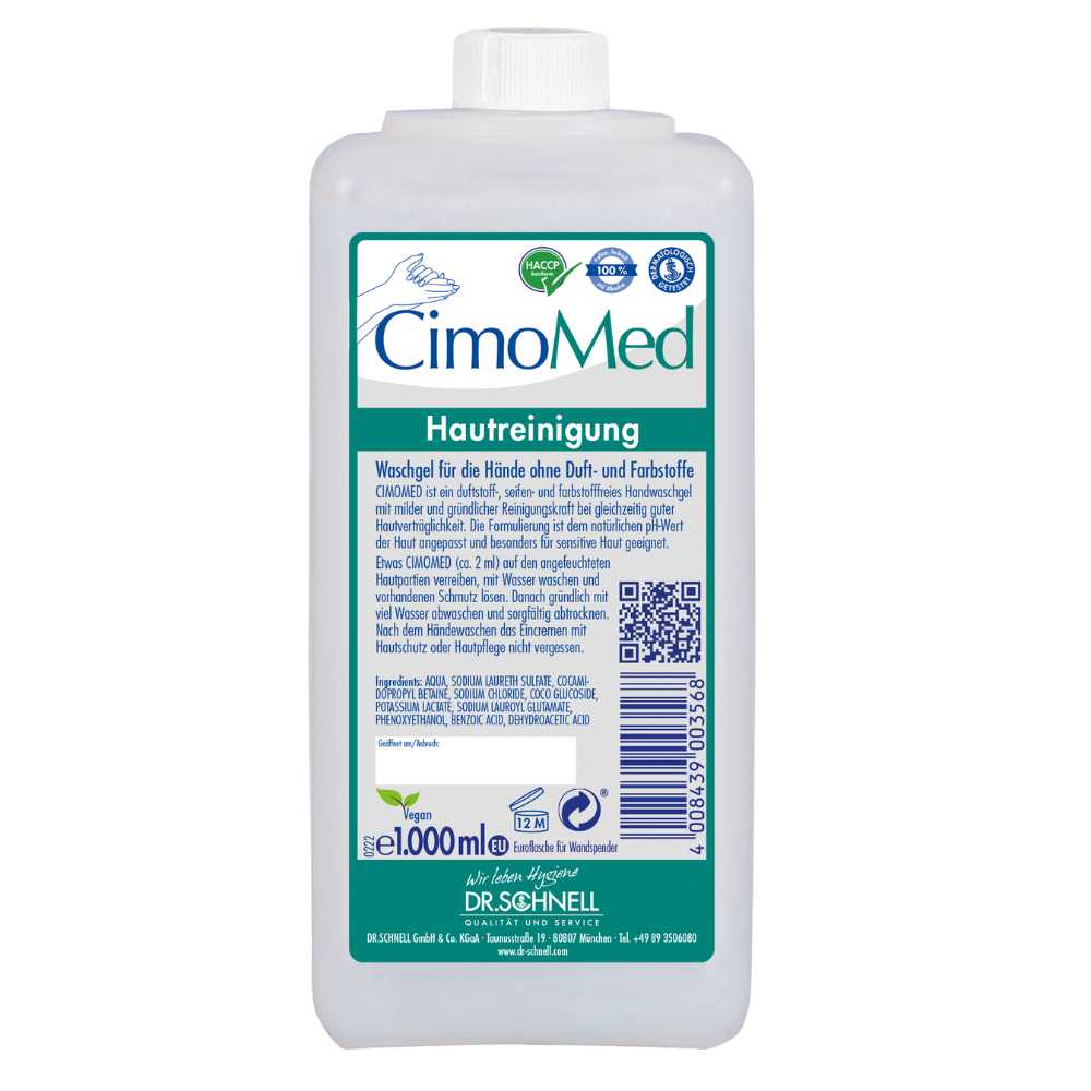 Ένα λευκό πλαστικό μπουκάλι 1000 ml Dr. Schnell CIMOMED υγρό πλύσης χεριών, χωρίς άρωμα και χρωστικές, για καθαρισμό δέρματος από την DR.SCHNELL GmbH & Co. KGaA, ιδανικό για ευαίσθητο δέρμα με μπλε/πράσινη ετικέτα, QR κωδικό, πιστοποιήσεις και γερμανικές οδηγίες.