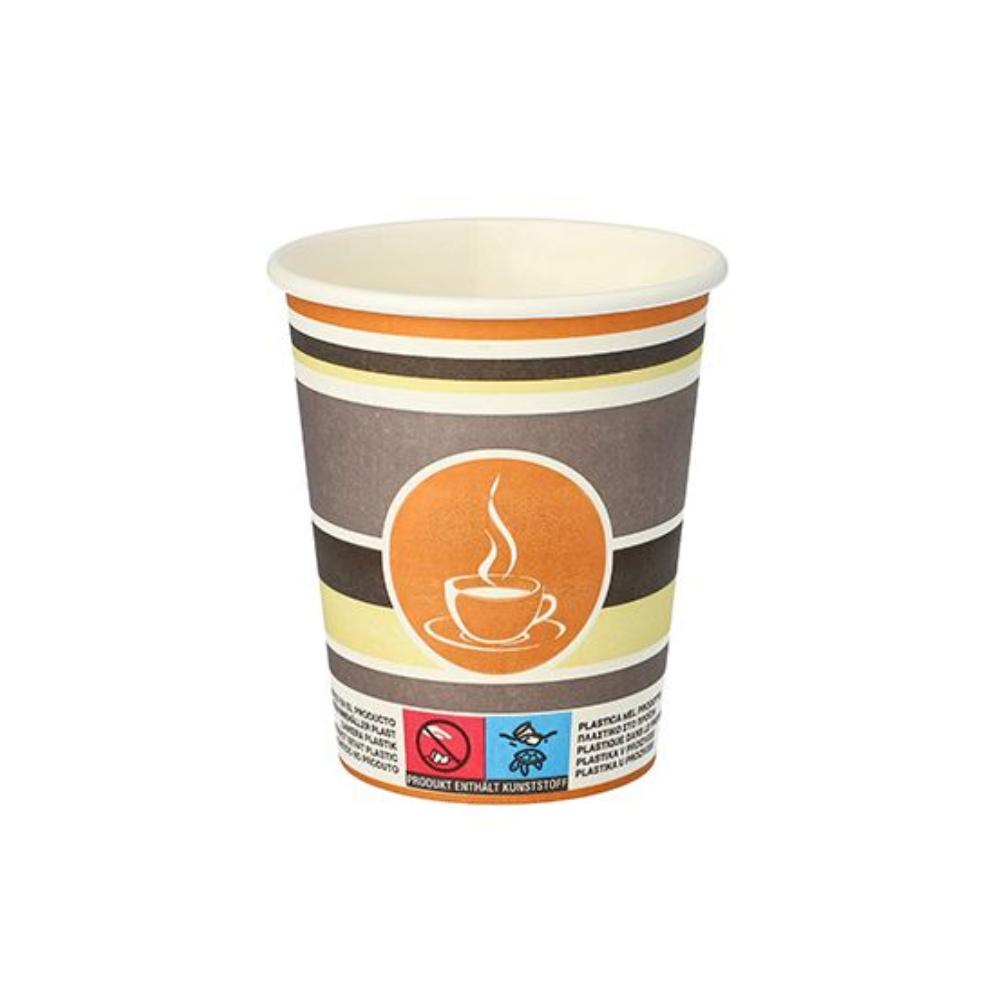 Der Starpak Pappbecher "To Go" 0,2 l Ø 8 cm · 9,2 cm hat ein braunes, gelbes und oranges Design mit einem zentralen Dampfbecher-Symbol und Entsorgungshinweisen am unteren Rand. Dieser Einweg-Kaffeebecher aus Pappe ist perfekt für den Genuss Ihres Getränks unterwegs.