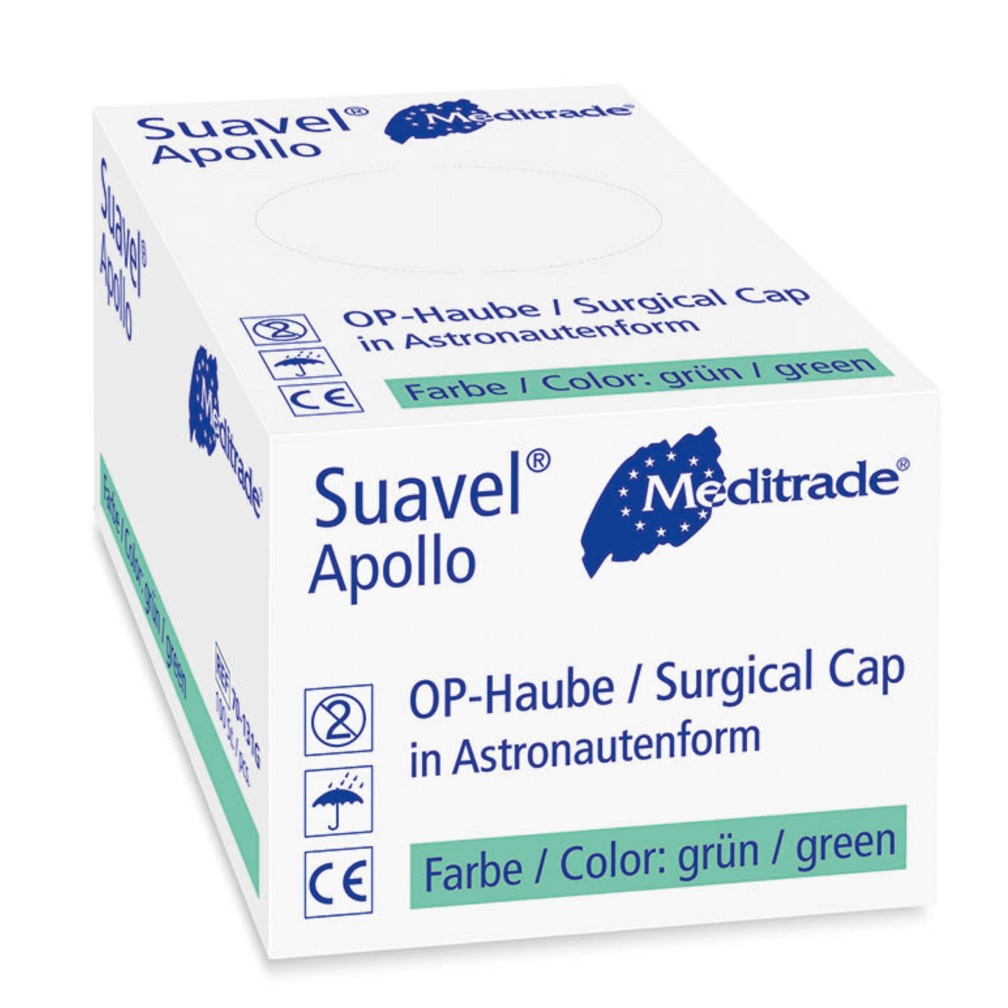 Λευκό ορθογώνιο κουτί της Meditrade Suavel® Apollo OP-Haube (100 τεμάχια) της Meditrade GmbH, πράσινα επιγραφόμενο με "μορφή αστροναύτη", από μη υφασμένο πολυπροπυλένιο με σύμβολα χαρακτηριστικών και πληροφορίες στα Γερμανικά και Αγγλικά.