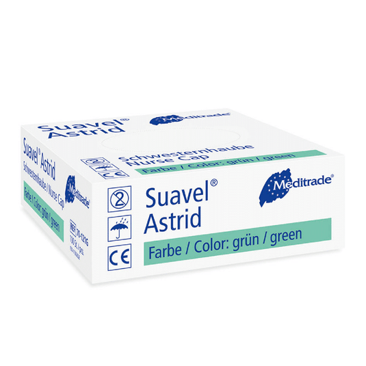 Ένα κουτί γάντια χειρουργείου Meditrade Suavel® Astrid για νοσηλευτές της εταιρείας Meditrade GmbH. Η συσκευασία είναι κυρίως λευκή και μπλε, ενώ το κείμενο αναφέρει ότι το χρώμα των γαντιών είναι πράσινο. Τα σύμβολα υποδεικνύουν ότι τα γάντια προορίζονται για μία χρήση.