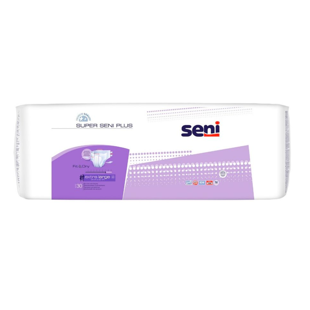 Eine Tube Super Seni Plus Windeln für Erwachsene von TZMO Deutschland GmbH in lila-weißer Verpackung, die die extragroße Größe und die Anzahl von 30 Stück hervorhebt. Das Etikett enthält ein Komfort- und Auslaufschutzsymbol.