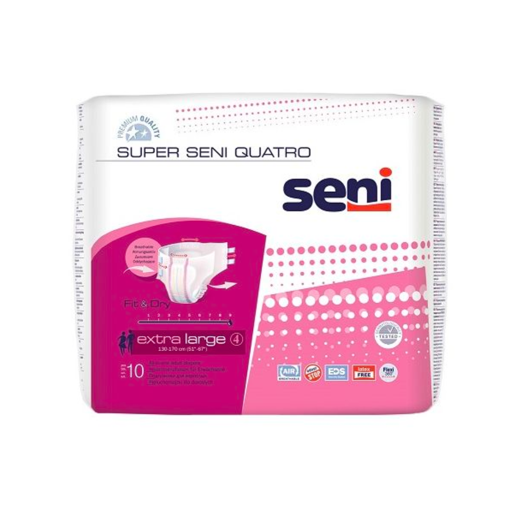Μια συσκευασία από πάνες ακράτειας Super Seni Quatro της TZMO Deutschland GmbH για ενήλικες με αδυναμία κύστης, εξαιρετικά μεγάλο μέγεθος, με προστασία από διαρροές και συσκευασία σε ροζ, λευκό και μπλε.