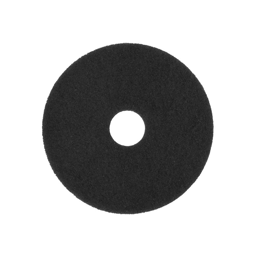 Ένα μαύρο, κυκλικό Arcora Superpad Schwarz Reinigungspad από την Arcora International GmbH για υγρό καθαρισμό σε μη ευαίσθητες επιφάνειες, με μια κεντρική οπή, απεικονίζεται σε λευκό φόντο.