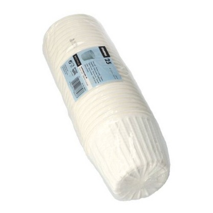 Μια στοίβα από Starpak 25 Suppenbecher, PP "To Go" Ø 11,5 cm λευκό είναι συσκευασμένη σε διαφανές πλαστικό με μπλε ετικέτα με πληροφορίες προϊόντος και γραμμωτό κώδικα.